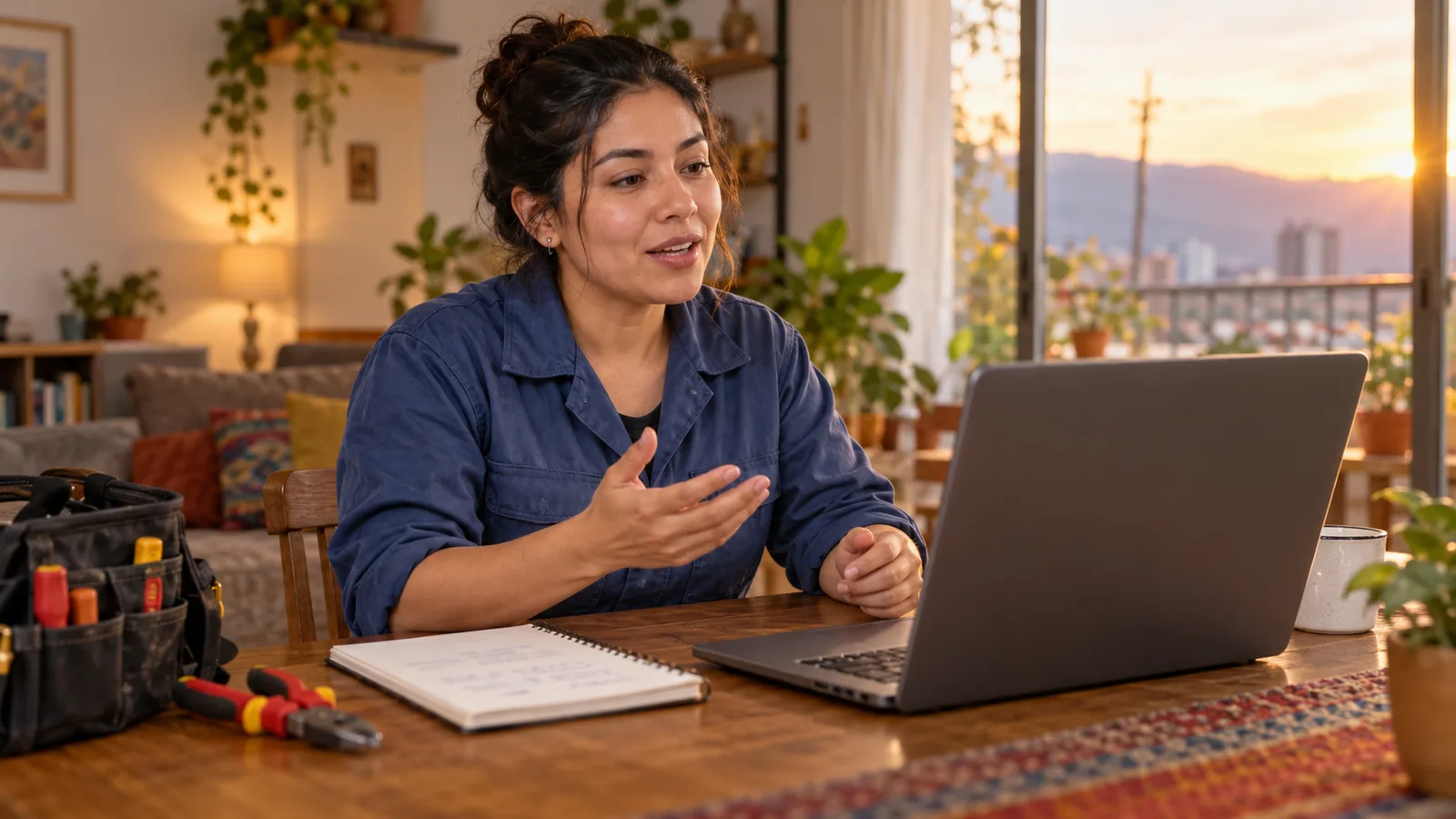 A woman electrician practises interview answers at a laptop at home, with tools and a notebook beside her.